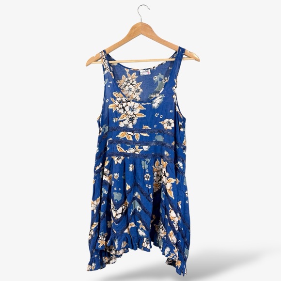 Intimately Free People Blue Floral Mini Dress Size M Voile and Lace Trapeze - Picture 1 of 11